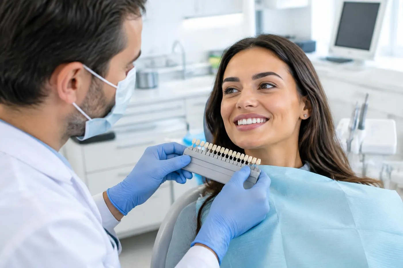 Dentist holding a shade guide during a teeth whitening and enamel consultation in Welland