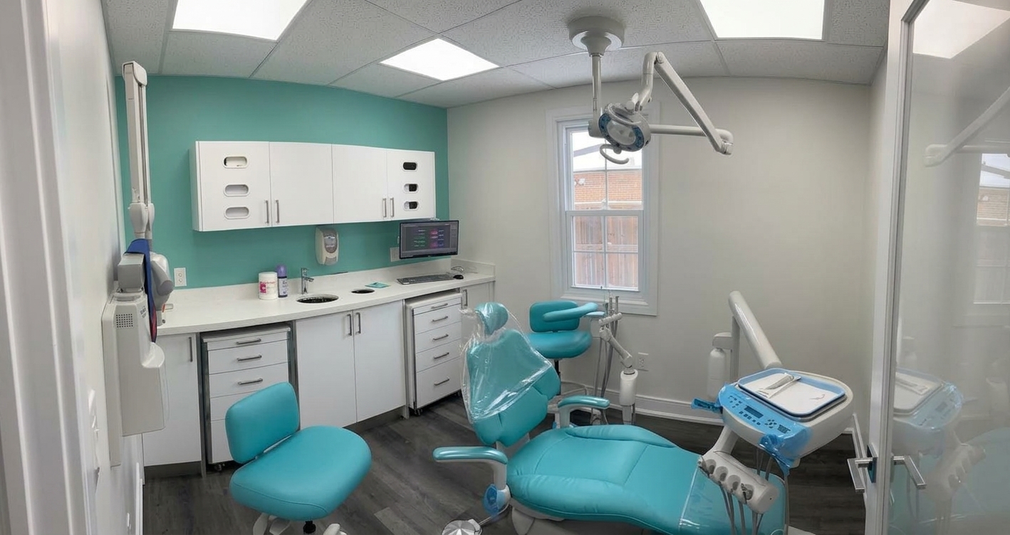 Dental treatment room with turquoise chair