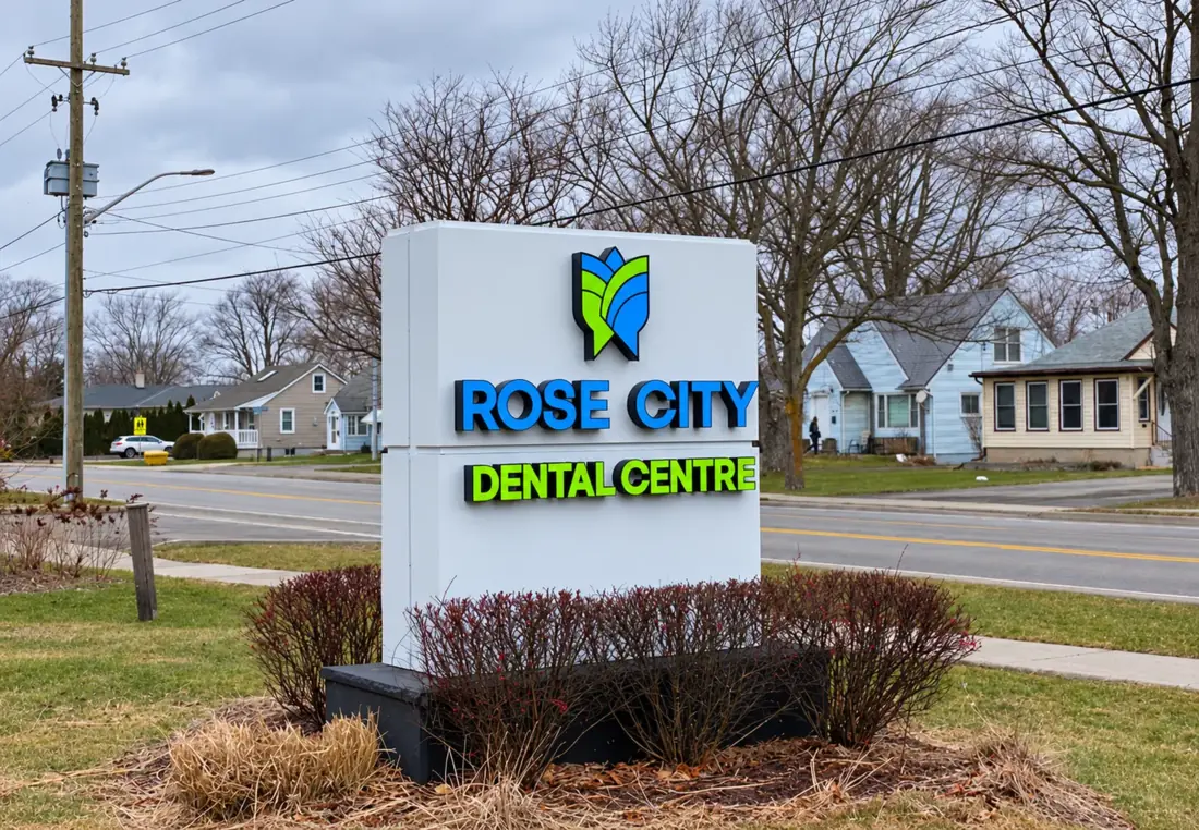Rose City Dental Centre monument sign outside the clinic
