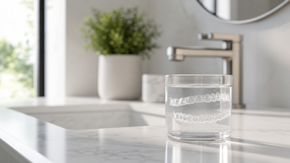 Soaking clear aligners in lukewarm water to clean Invisalign aligners in Welland