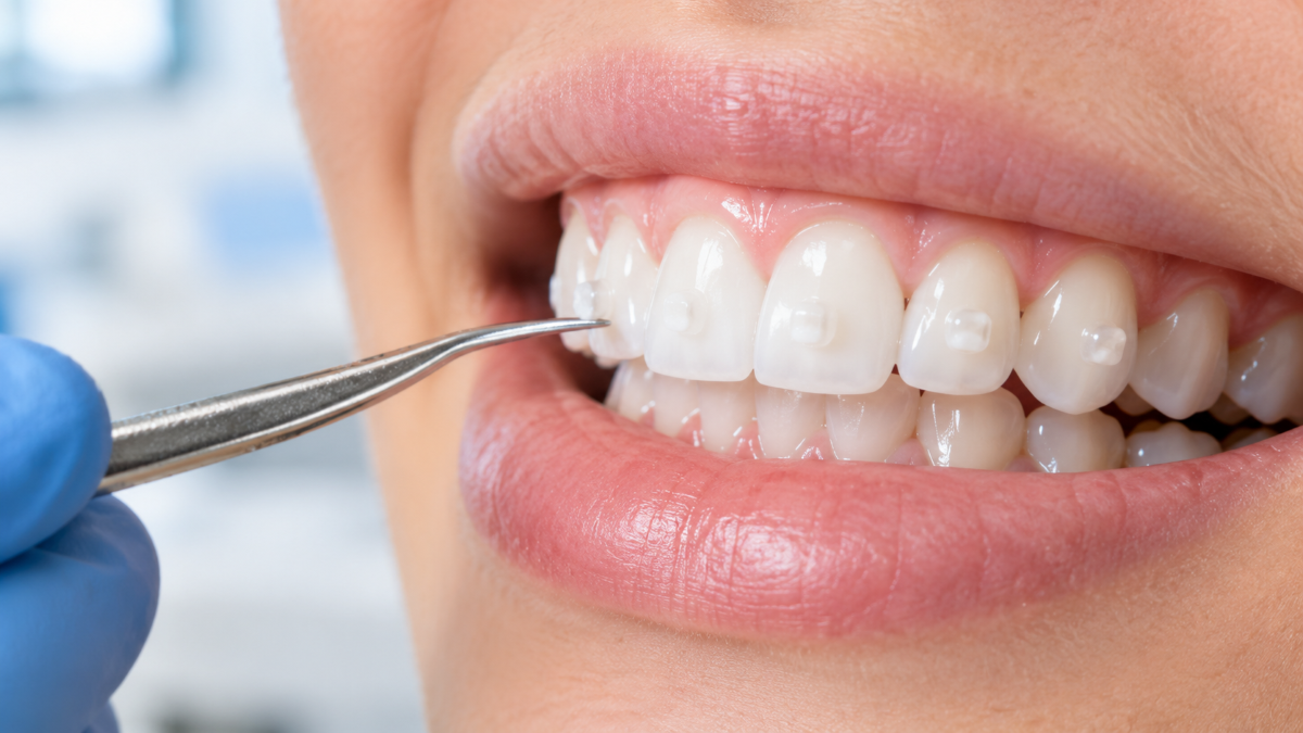 Invisalign attachments in Welland checked on upper teeth with a dental explorer