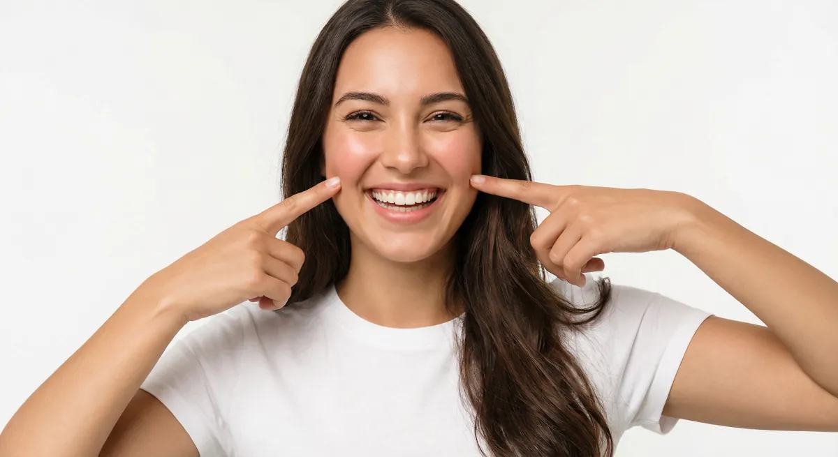 Smiling patient pointing to her teeth after cosmetic dental bonding in Welland