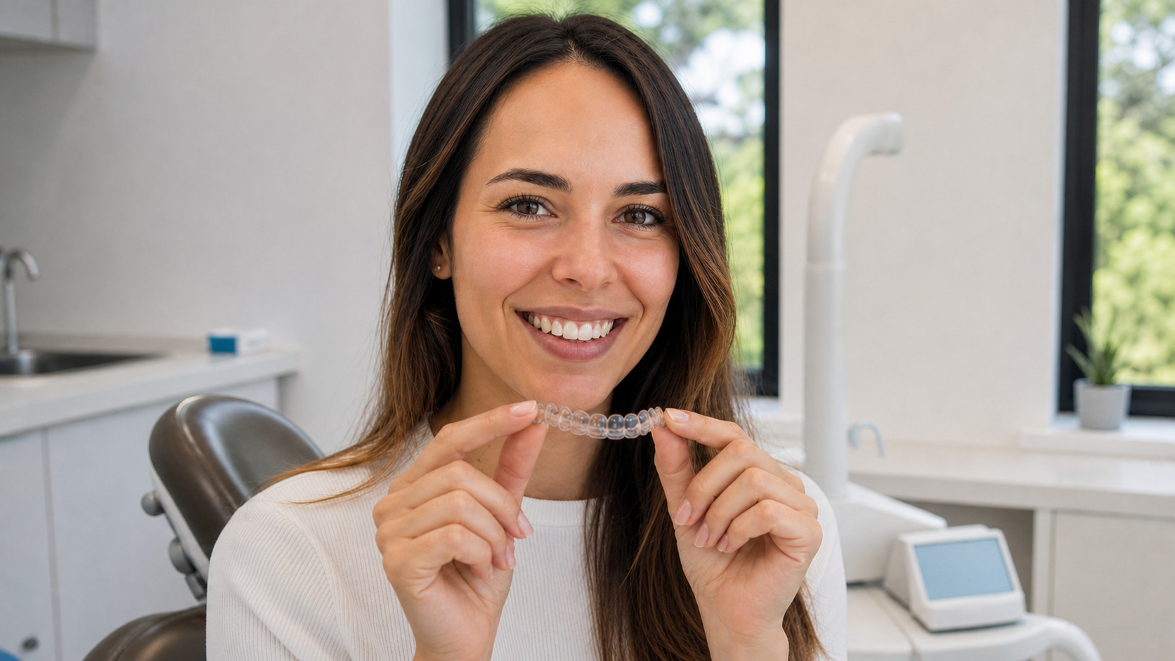 Smiling adult holding a clear aligner while considering Invisalign for adults in Welland