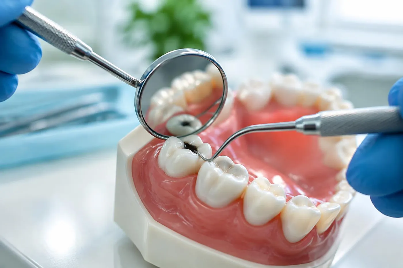 Dental mirror and explorer checking a molar with a lost dental filling in Welland