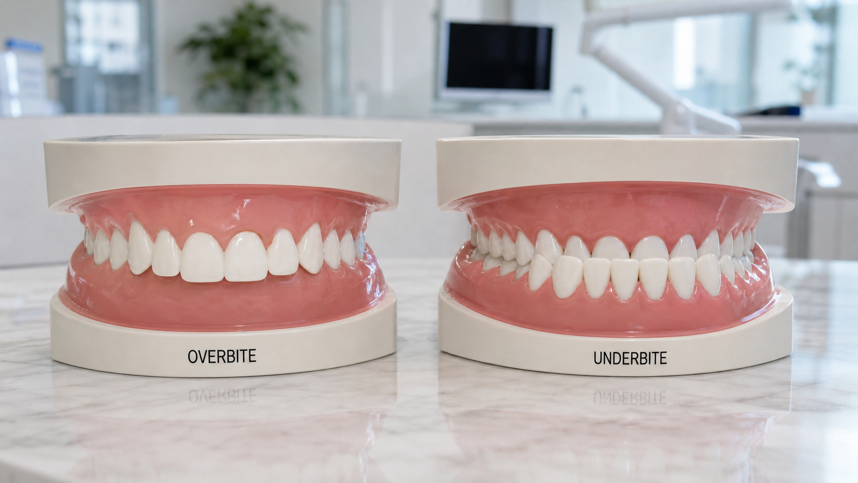 Invisalign in Welland: Overbite vs Underbite Dental Models Overbite and underbite dental models compared for Invisalign in Welland bite correction
