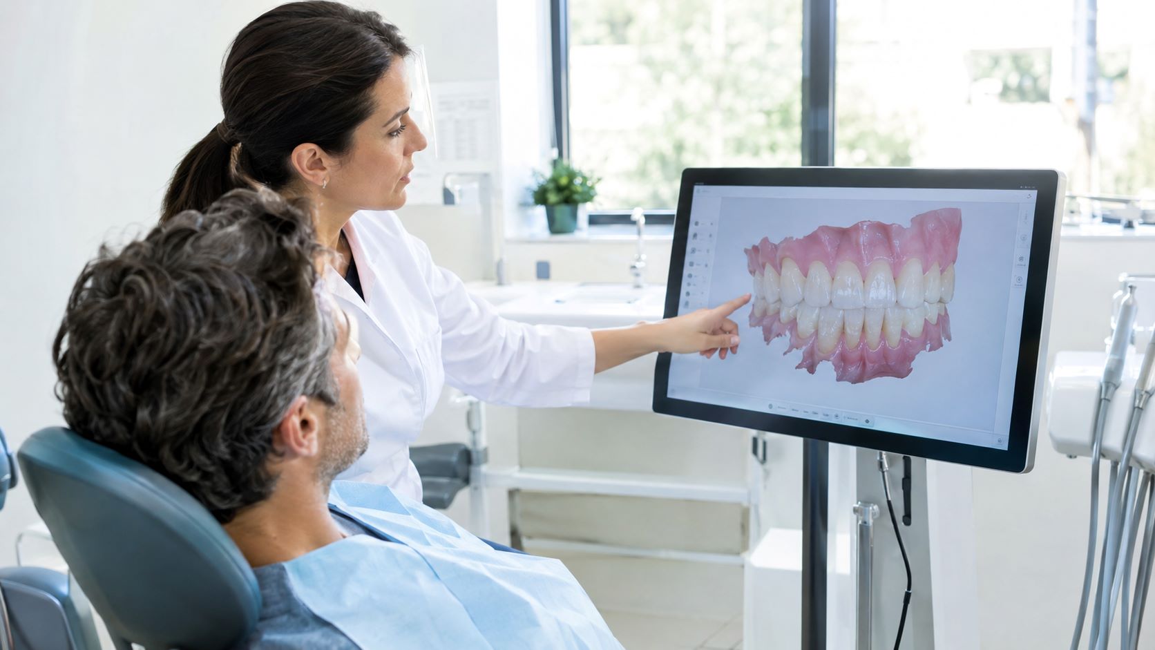 Invisalign for Adults in Welland: Digital Scan Review at Consultation Invisalign-certified dentist reviewing a 3D digital tooth scan with an adult patient at an Invisalign for adults consultation in Welland