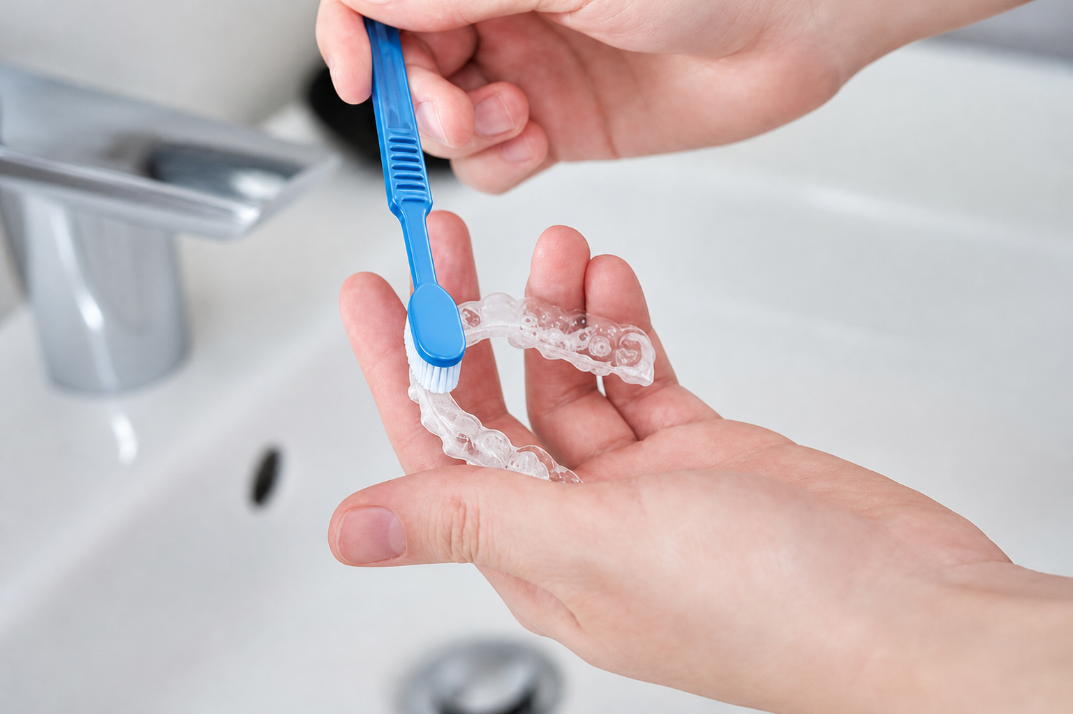 Brushing a clear aligner with a soft toothbrush to clean Invisalign aligners in Welland